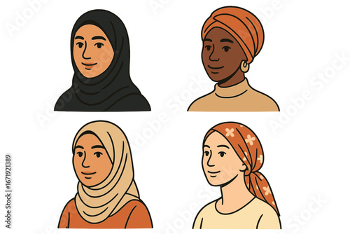 Diverse Representations of Women Wearing Various Styles of Headscarves and Turbans, Minimalist Artistic Vector Cartoon Illustration, Female Cultural Fashion, Transparent Background
