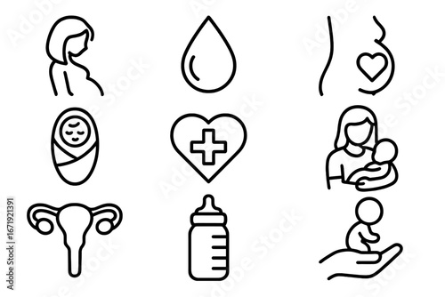 Pregnancy and Maternity Icon Set, Health and Wellness Symbols, Parenting and Newborn Care Outline Collection, Vector Cartoon Medical and Family Icons with Transparent Background