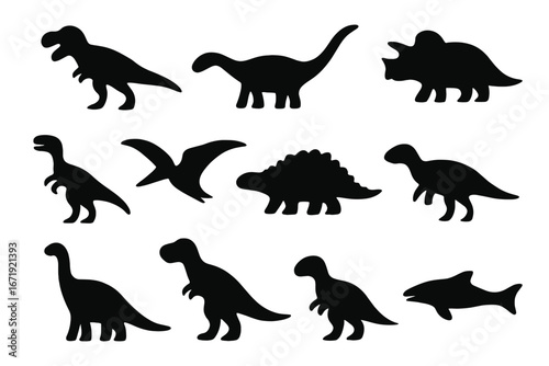 Dinosaur silhouette icon set, prehistoric fossil and extinct creature silhouettes, vector cartoon illustration with transparent background, ordered collection of dinosaur shapes