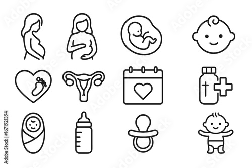 Pregnancy and Maternity Icon Set, Health and Baby Care Symbols, Outline Vector Collection, Newborn and Maternal Wellness, Infant and Parenting Essentials, Medical and Family Care Line Art