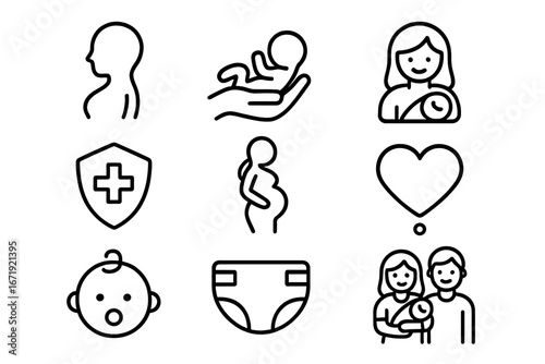 Pregnancy and maternity icon set, health wellness parenting outline collection, newborn baby care, maternal and infant health symbols, family love vector illustrations transparent background