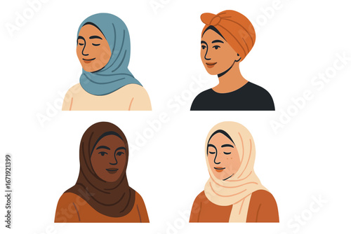 Diverse Women Wearing Various Styles of Headscarves in Minimalist Artistic Vector Cartoon Illustration, Cultural Representation, Fashion Diversity, Muslim and Modest Style