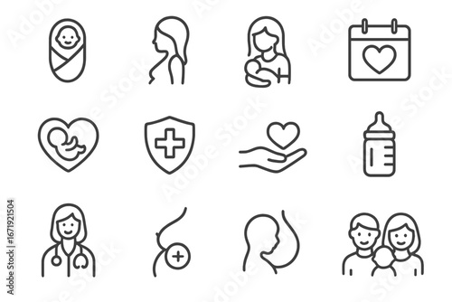 Pregnancy and Maternity Line Icon Set, Baby Health and Family Symbols Collection, Motherhood Care, Infant and Breastfeeding Icons, Medical and Parental Support Vector Illustrations