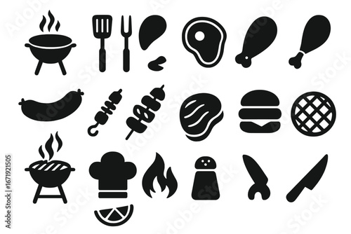BBQ food and cooking silhouette icon collection. Vector graphic set for barbecue party with grill, meat, steak, burger, sausage, kebab, and kitchen tools for summer picnic.