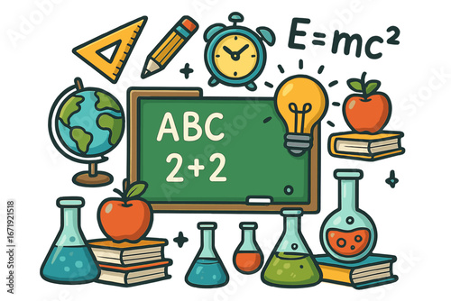 Educational tools and symbols depicting a vibrant classroom setting with books, apples, scientific equipment, globe, and creative learning icons in a colorful vector cartoon illustration