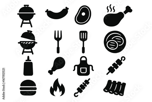 BBQ food icon set silhouette. Barbecue grill party concept. Vector cooking elements. Meat steak sausage chicken ribs burger kebab. Grill tools fork spatula. Flame fire cookout icon.