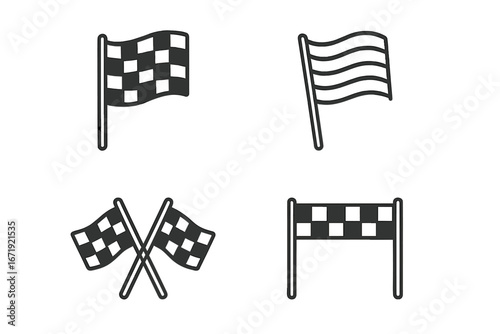 Racing flags line icon set, motorsport finish line symbols in linear style, vector cartoon illustration with transparent background, checkered flags collection for racing design