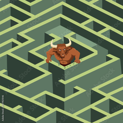 Minotaur trapped in a maze of green passages