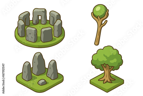 Druid ritual isometric icon set. Celtic pagan symbols for fantasy games. Vector cartoon illustration of a stone circle, standing stones, magic staff, and sacred tree worship.