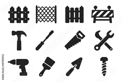 Construction and building icons set. Solid silhouette vector collection of work tools for repair and renovation. Fence, hammer, saw, drill, wrench, and screwdriver symbols.