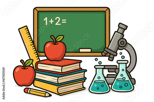 Educational tools and classroom symbols including books, apples, ruler, pencil, microscope, and chemical flasks in a creative colorful vector cartoon illustration for learning and science