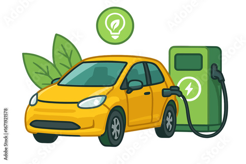 Electric car charging at station with eco-friendly technology and sustainable transportation solutions, yellow compact vehicle illustration with green energy symbols