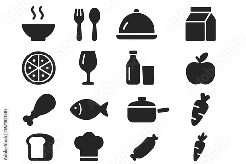 Food and cuisine solid glyph icon set. Cooking and dining elements collection. Vector symbols for restaurant menu, kitchen, recipe, grocery, meal prep and culinary concepts.