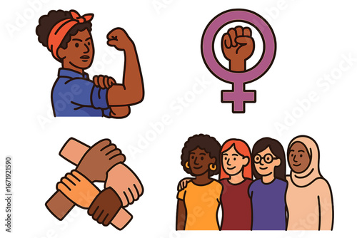 Empowerment Symbols for Feminism and Solidarity Across Diverse Communities in Modern Movement, Vector Cartoon Illustration of Strong Women, Unity, Equality, Diversity