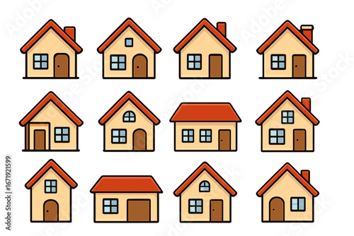 House icons set. Real estate property symbol collection. Simple cartoon home vector illustration. Residential building and architecture graphic assets. Various design elements.