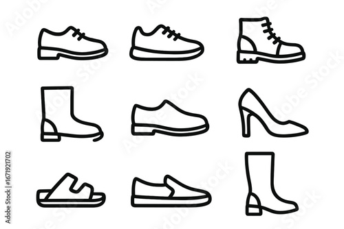 Footwear line icon set. Shoe collection vector. Sneakers, boots, heels, sandal, loafer outline symbols. Fashion apparel accessory pictogram for web, app design. Isolated glyphs.