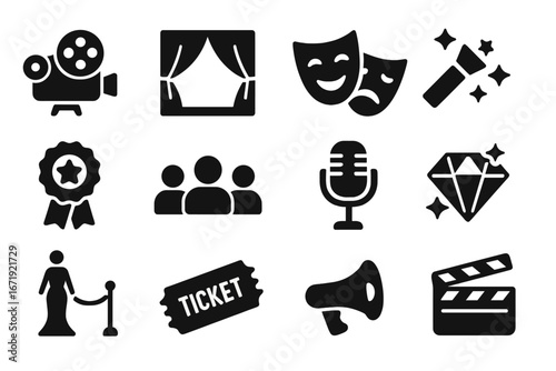 Entertainment and theater solid icon set, performance and backstage show icons collection, vector cartoon illustration with transparent background, ordered set of 12 icons