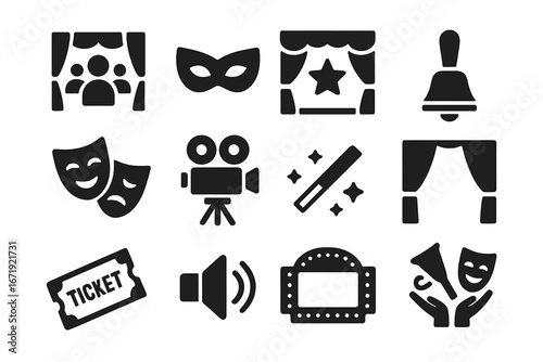 Entertainment and theater solid icon set, performance and backstage show icons collection, vector cartoon illustration with transparent background, ordered flat design set