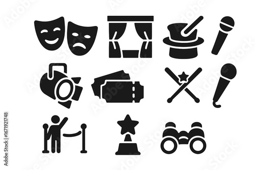 Entertainment and Theater Solid Icon Set with Performance, Backstage, Show, Magic, Microphone, Tickets, Spotlight, Award, VIP and Binoculars Symbols in Vector Cartoon Style