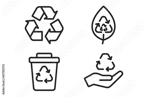 Recycling Symbol Icon Set, Eco-Friendly and Sustainable Waste Management Outline Style, Vector Cartoon Illustration with Transparent Background, Set of 4 Icons for Environmental Care