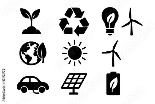 Ecology and energy silhouette icons. Sustainability, renewable resources symbols. Green power, recycling, solar panel, wind turbine, electric car. Vector cartoon illustration.