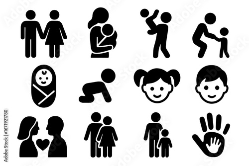 Family parenting solid icon set, child baby relationship icons collection, vector cartoon illustration transparent background, parenting symbols, loving family concepts