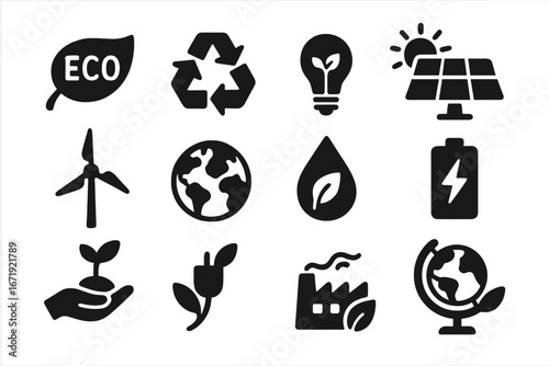 Eco and energy silhouette icons set. Sustainability and renewable resources symbols. Green power, recycling, solar panel, wind turbine, and ecology concept vector illustrations.