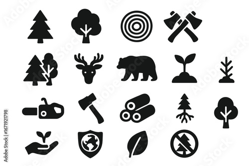 Forestry and conservation solid icon set. Vector glyphs of forest, trees, wildlife, and logging. Includes bear, deer, axe, and chainsaw symbols. Ecology and nature concept.