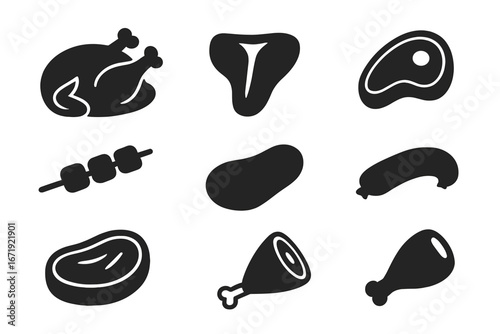 Food meat silhouette icon set, cooking steak graphics in bold silhouette style, vector cartoon illustration with transparent background, assorted meat cuts and cooking elements