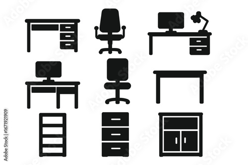 Furniture and office silhouette icon set. Desk, chair, workspace icons collection. Vector graphic illustration of workplace elements. Computer, lamp, cabinet symbols.