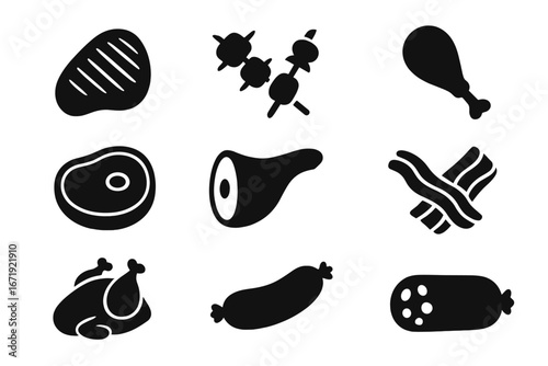Food meat silhouette icon set with cooking steak graphics in bold silhouette style, vector cartoon illustration with transparent background, ordered set 3 for culinary design