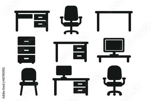 Office furniture silhouette icon set. Vector glyph collection of workspace elements like desk, chair, computer, table, and cabinet. Workplace interior design equipment icons.