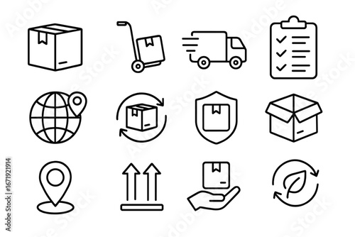 Shipping and delivery outline icon set, logistics and supply chain icons, eco-friendly shipping vector illustration, package tracking, global delivery symbols, transport and handling line art
