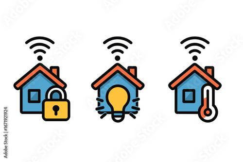 Smart home technology icon set. Vector illustration of house automation system. Concepts for security, lighting, and temperature control. Wireless connected home, IoT symbols.