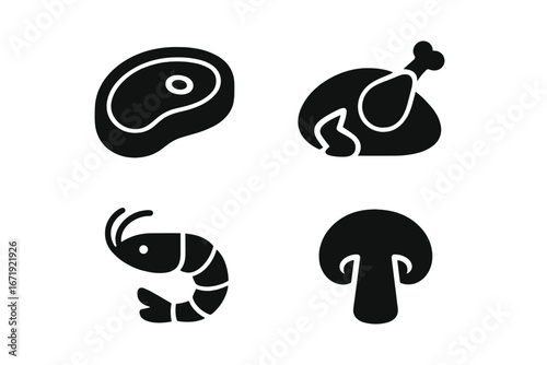 Food and meat solid icon set with steak, poultry, seafood, and vegetarian icons. Vector cartoon illustration collection with transparent background for food industry and cooking designs