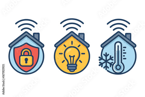 Smart home technology icon set with security, lighting, and climate control symbols. Vector illustration for home automation, IoT, and connected living in a smart house concept.