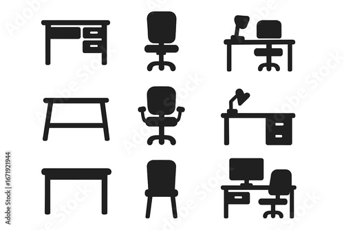 Office furniture silhouette icon set. Vector collection of workspace pictograms. Desk, chair, table, computer and lamp symbols. Business interior element. Isolated illustration.
