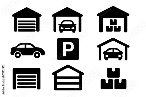 Garage and storage silhouette icon set. Vehicle parking, warehouse, and car service symbols. Vector collection of workshop, carport, storage unit, and logistic signs for web apps.