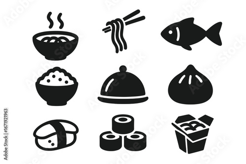 Food and Asian solid icon set, traditional cuisine dishes, noodle, fish, rice, sushi, dumpling, takeout, Asian food vector cartoon illustration with transparent background, ordered set