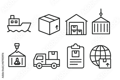 Shipping and logistics linear icon set with maritime and container symbols in outline style, vector cartoon illustration on transparent background, ordered set 2 for transport and delivery