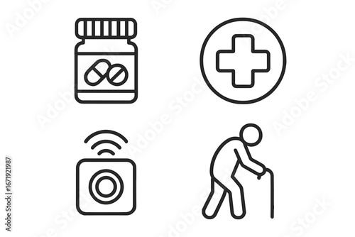 Elderly care outline icon set. Senior healthcare vector symbols. Virtual assistance, medication, emergency button, and walking stick. Geriatric support and nursing concept.