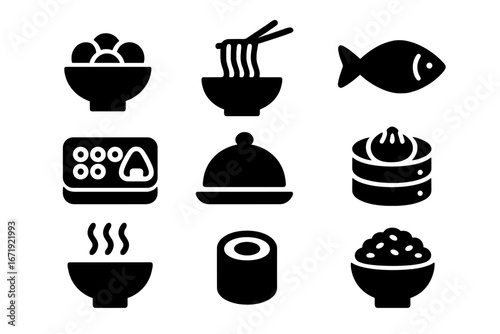 Asian Food Icon Set, Traditional Cuisine Symbols, Noodles, Fish, Rice, Sushi, Dumplings, Hot Soup, Meal Presentation, Vector Illustrations, Solid Style, Transparent Background