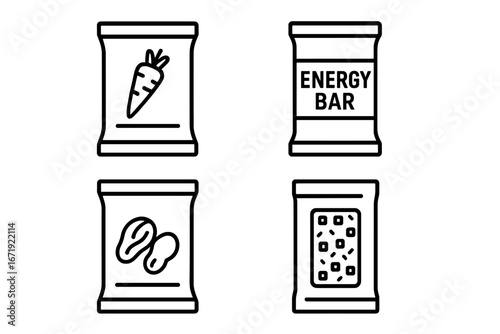 Healthy Snack Packaging Line Icon Set, Energy Bar and Nut Snacks Vector Cartoon Illustration, Transparent Background, Organic Food Packaging Design Collection