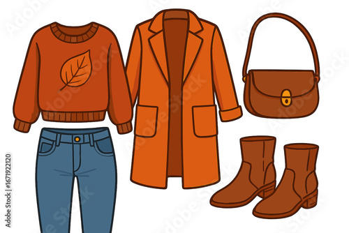 Fashionable autumn clothing items for a stylish casual look with sweater, coat, jeans, boots, and handbag. Vector cartoon illustration with transparent background in ordered set