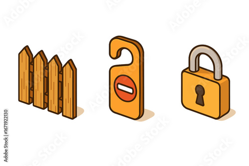 Emotional boundaries isometric icons. Mental health, psychology concept. Personal space, self-care, privacy. Vector fence, do not disturb sign, lock. Limits, protection, burnout.