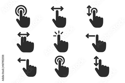 Gesture control solid icon set. Hand touch interface, swipe, tap, click, zoom, scroll, and drag icons. Vector for UI UX design on screen. Touchscreen interaction symbol pack.