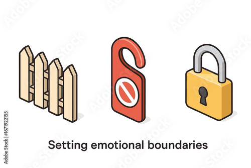 Emotional boundaries isometric icon set. Concept of mental health, self-care, and personal space. Vector illustration of a picket fence, do not disturb sign, and padlock.