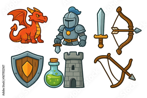 Fantasy game icons set featuring a fierce dragon, armored knight, magical potion, sharp sword, sturdy shield, medieval tower, and legendary bow in vector cartoon style with transparent background