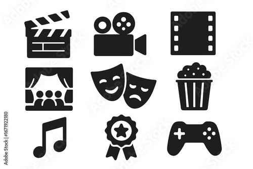 Entertainment solid icons set. Movie and cinema symbols. Flat vector graphic. Theater, film, clapperboard, camera, popcorn, gaming, award, and music signs collection.