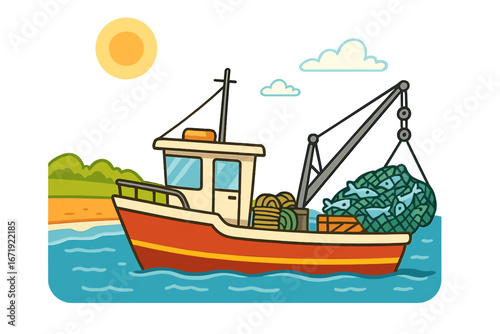 Fishing boat sailing in calm blue waters with nets full of fresh fish on board during sunny day by the shore, colorful vector cartoon illustration with clear sky and sea landscape